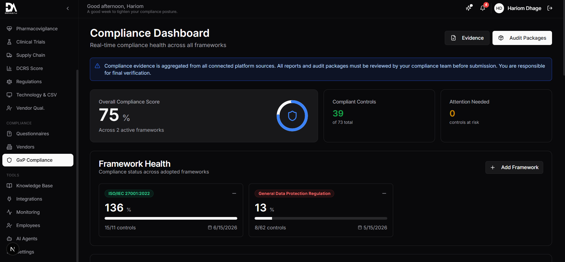Compliance Dashboard 75% score, framework health, controls